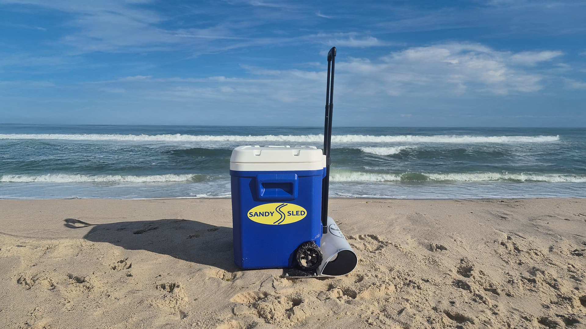 SandySled cooler setup on a Long Island beach